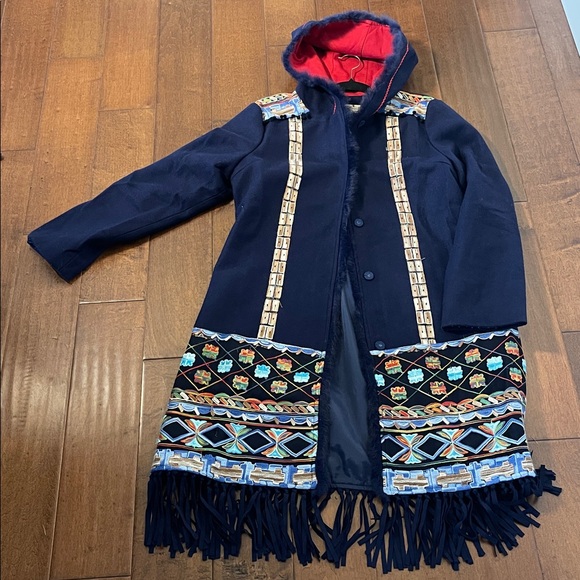 BOHO Navy Hooded Coat – Multi-Color Embroidery & Rabbit Fur Trim & Fringe Hem - Picture 2 of 16